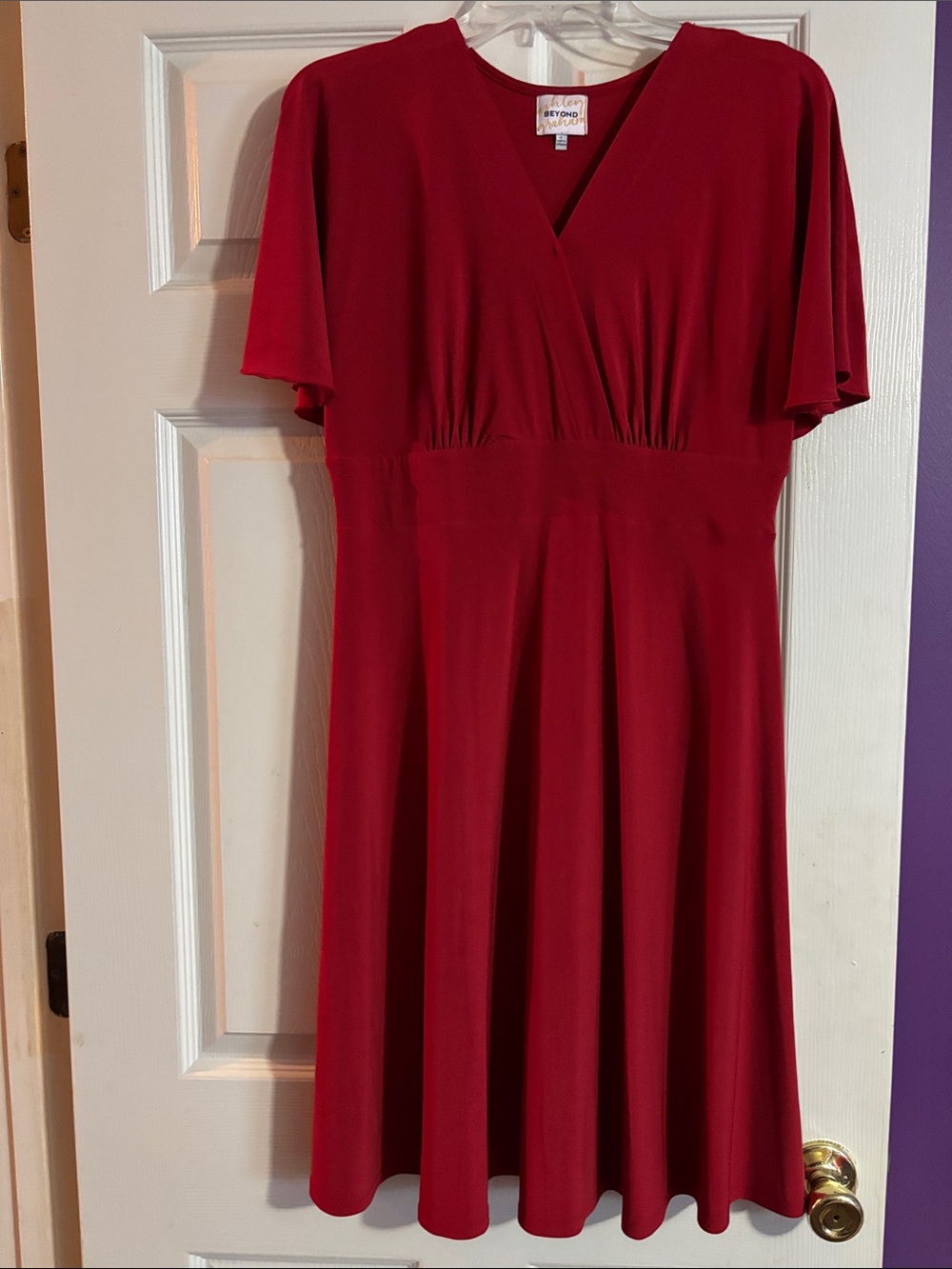 Ashley Graham Crimson V‑Neck Midi Fit & Flare Dress